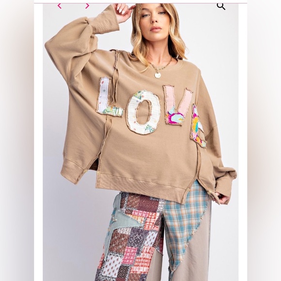 easel Sweaters - Easel Oversized Tan Love Patch Terry Sweatshirt . Size S